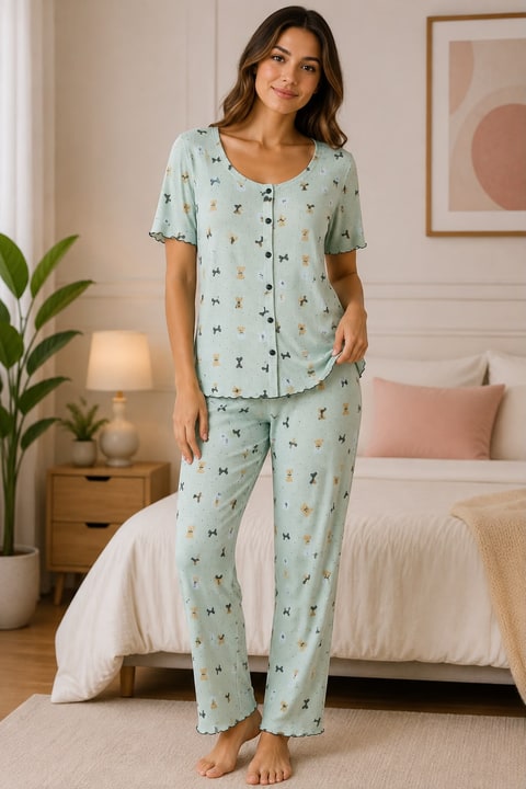 Kadın Viskon Kaşkorse Düğmeli Kısa Kol Pijama Takımı