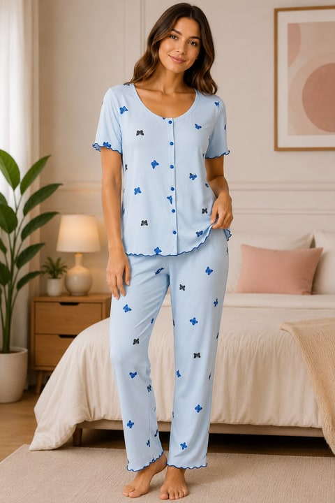 Kadın Viskon Kaşkorse Düğmeli Kısa Kol Pijama Takımı