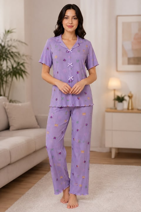 Kadın Viskon Kaşkorse Kurdeleli Kısa Kol Pijama Takımı