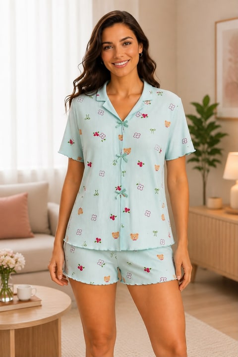 kadın viskon kaşkorse kurdeleli kısa kol Şortlu Pijama Takımı